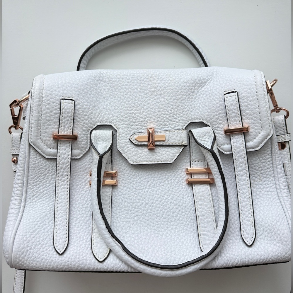 Rebecca Minkoff Belay Satchel White Pebbled Leather Rose Gold Crossbody